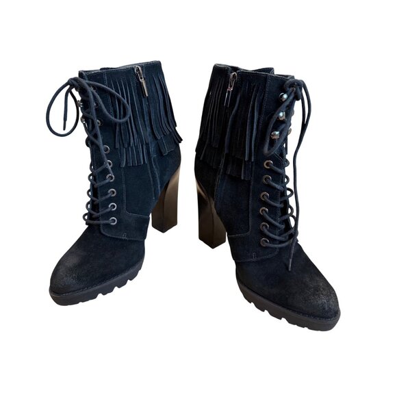 Kenneth Cole Black Fringe Lace-Up Heeled Boots Size 10 - Picture 1 of 11